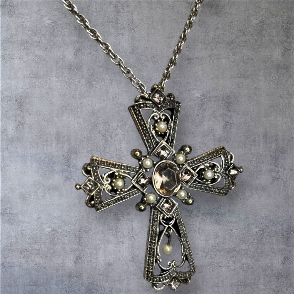 Large Gothic Victorian Open Filigree Silver Jeweled Cross Pendant Necklace